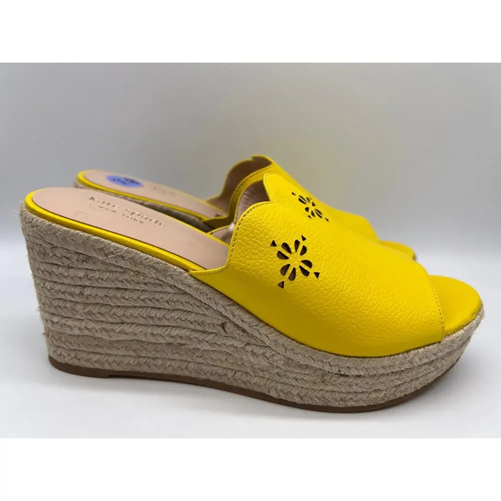 Kate Spade Tenley Espadrille Wedge Mule Sandal Yellow Leather S8311001 Size 8.5